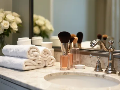 Luxury Bathroom Vanity With Rolled Towels And Makeup Brushes