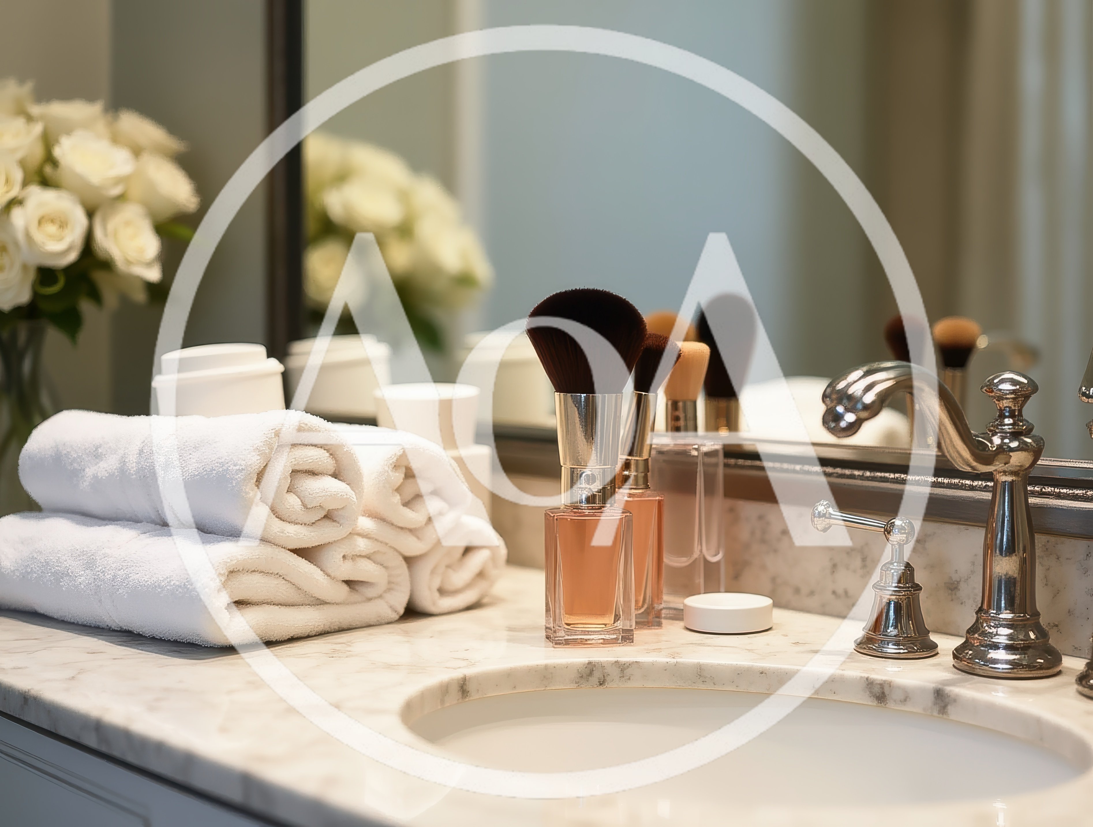 Luxury Bathroom Vanity With Rolled Towels And Makeup Brushes