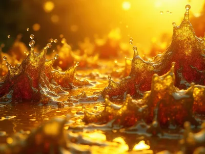 Golden Liquid Splash With Sparkling Droplets