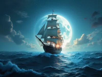 Tall Ship Sailing Under A Full Moon