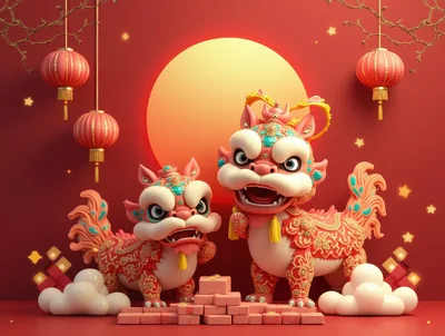 Two Festive Chinese Lion Dance Figures