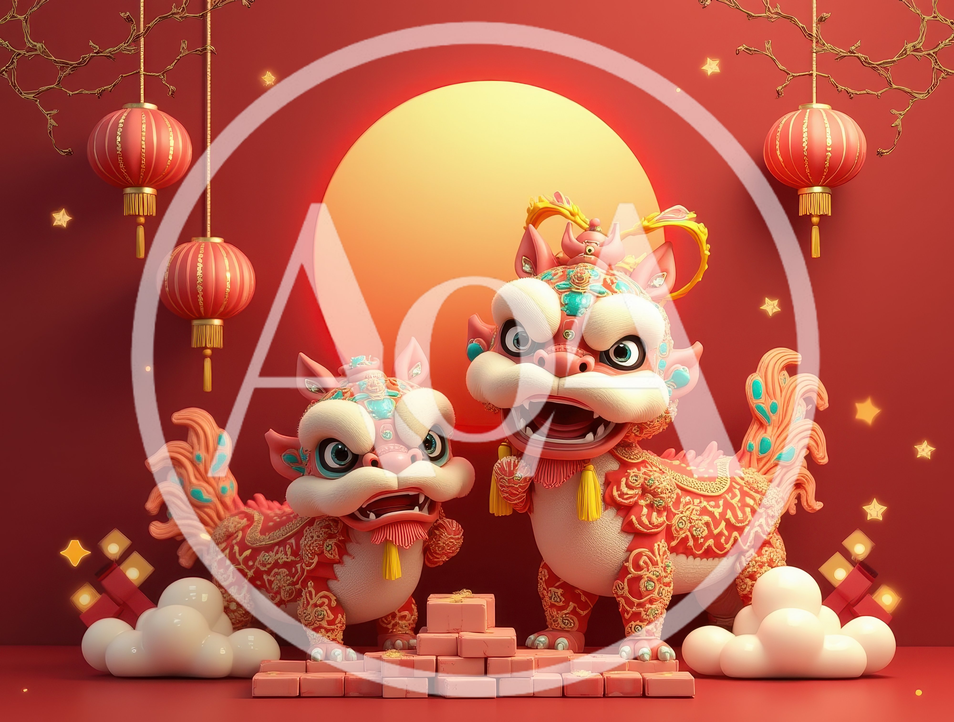 Two Festive Chinese Lion Dance Figures