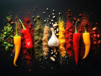 Assorted Spices and Fresh Peppers on Black Background