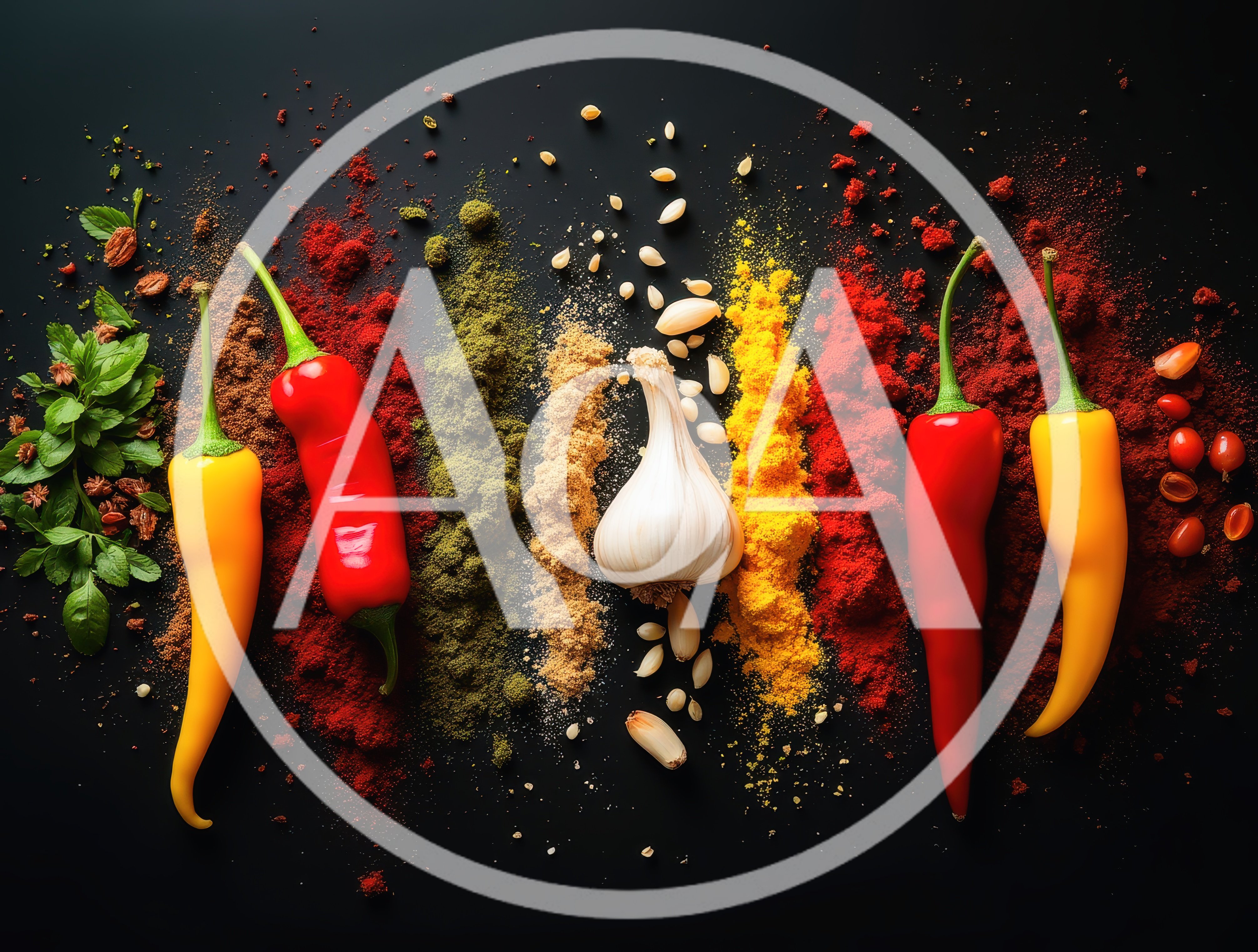 Assorted Spices and Fresh Peppers on Black Background