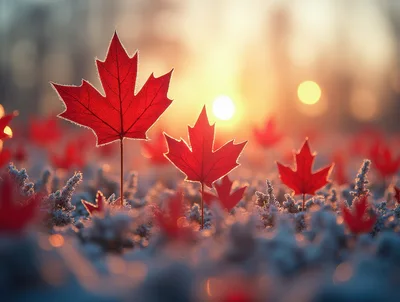 Vibrant Red Maple Leaves Standing In Frosty Snow