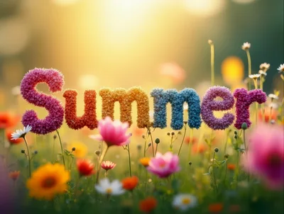 Summer Text Made Of Flowers In A Sunny Meadow
