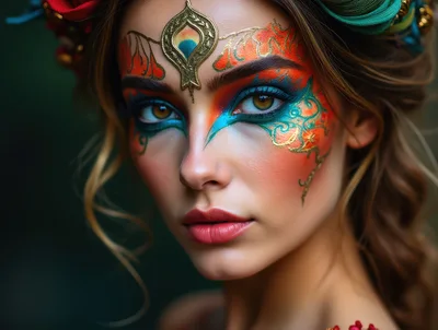 Portrait Of A Woman With Intricate Peacock Inspired Makeup