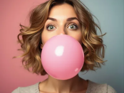 Young Woman Blowing A Large Pink Bubblegum Bubble