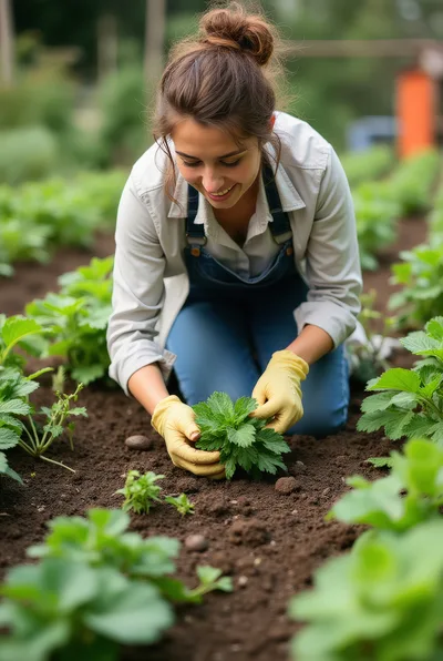 Young Woman Gardening In A Strawberry Field