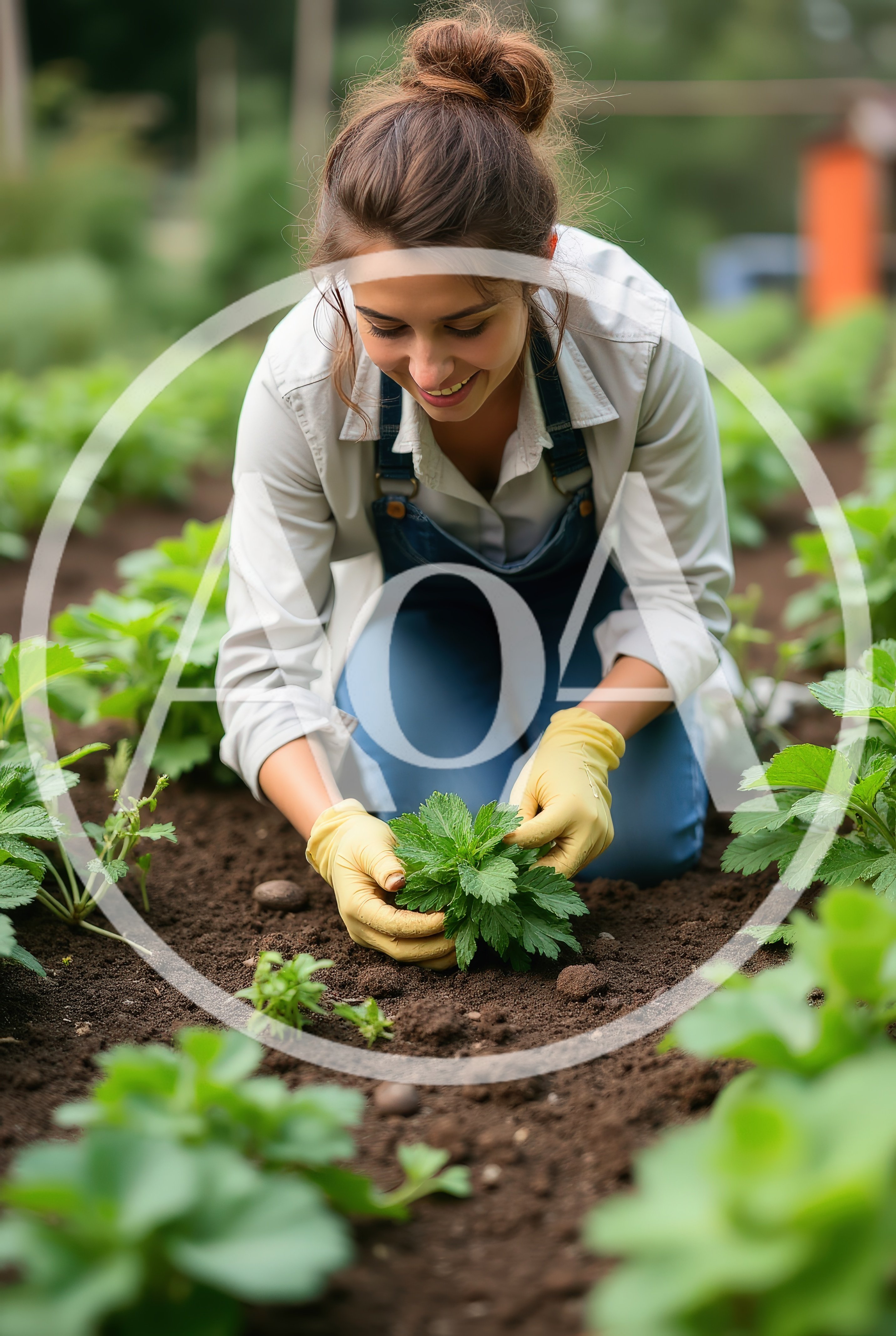 Young Woman Gardening In A Strawberry Field