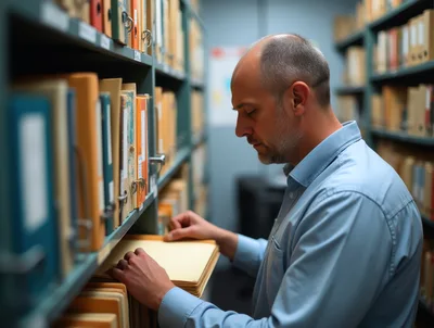 Man Searching Through Files In A Library Archive