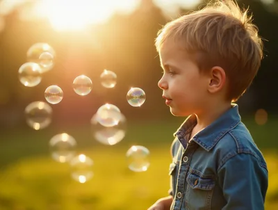 Young Boy Blowing Bubbles Outdoors at Sunset