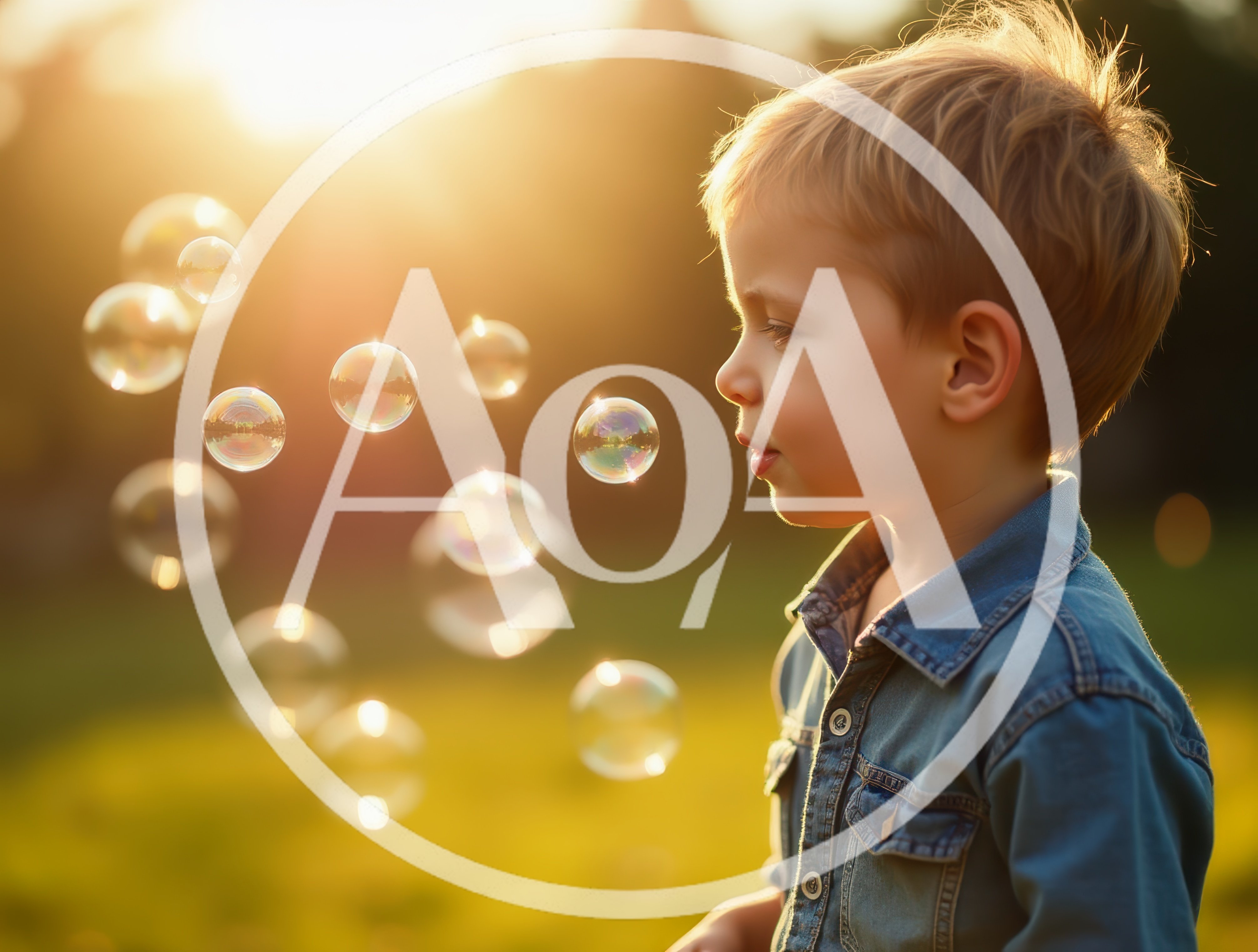 Young Boy Blowing Bubbles Outdoors at Sunset