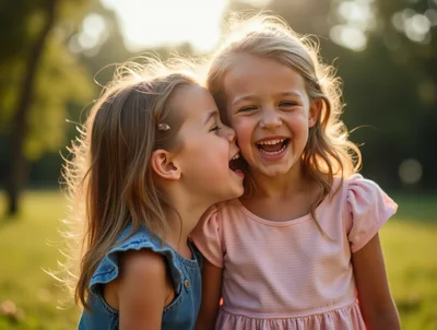 Two Young Girls Laughing Together Outdoors