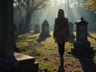 Woman Walking Through A Misty Cemetery At Sunset