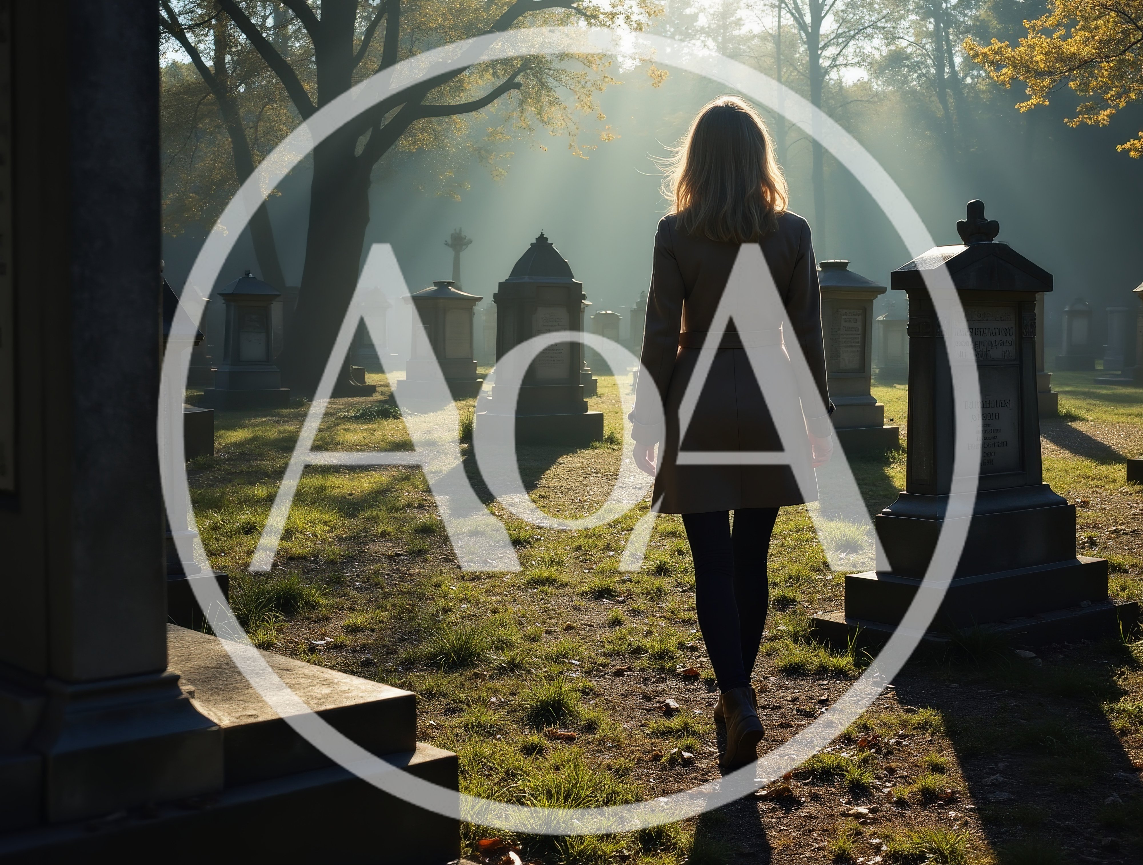 Woman Walking Through A Misty Cemetery At Sunset