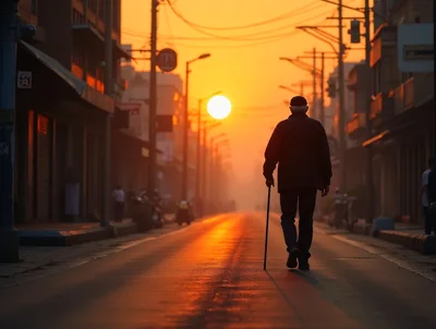 Elderly Man Walking Down Empty Street At Sunset