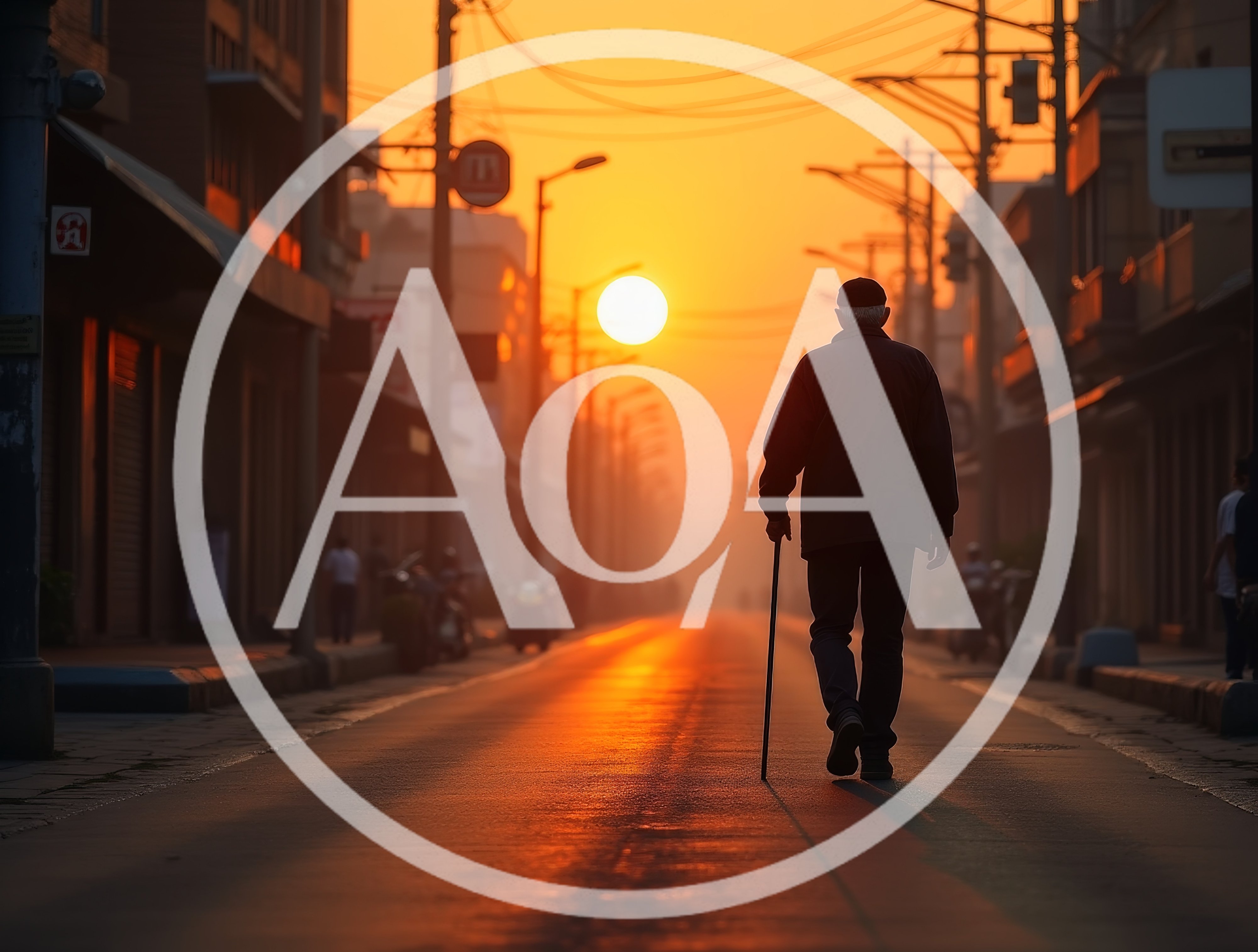 Elderly Man Walking Down Empty Street At Sunset