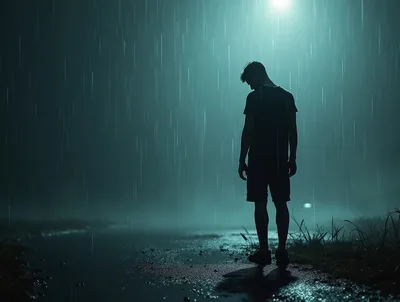 Silhouette Of A Sad Man Standing In The Rain