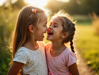Two Young Girls Laughing Together Outdoors