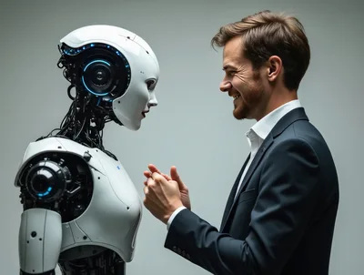 Businessman Interacting With A Futuristic Humanoid Robot