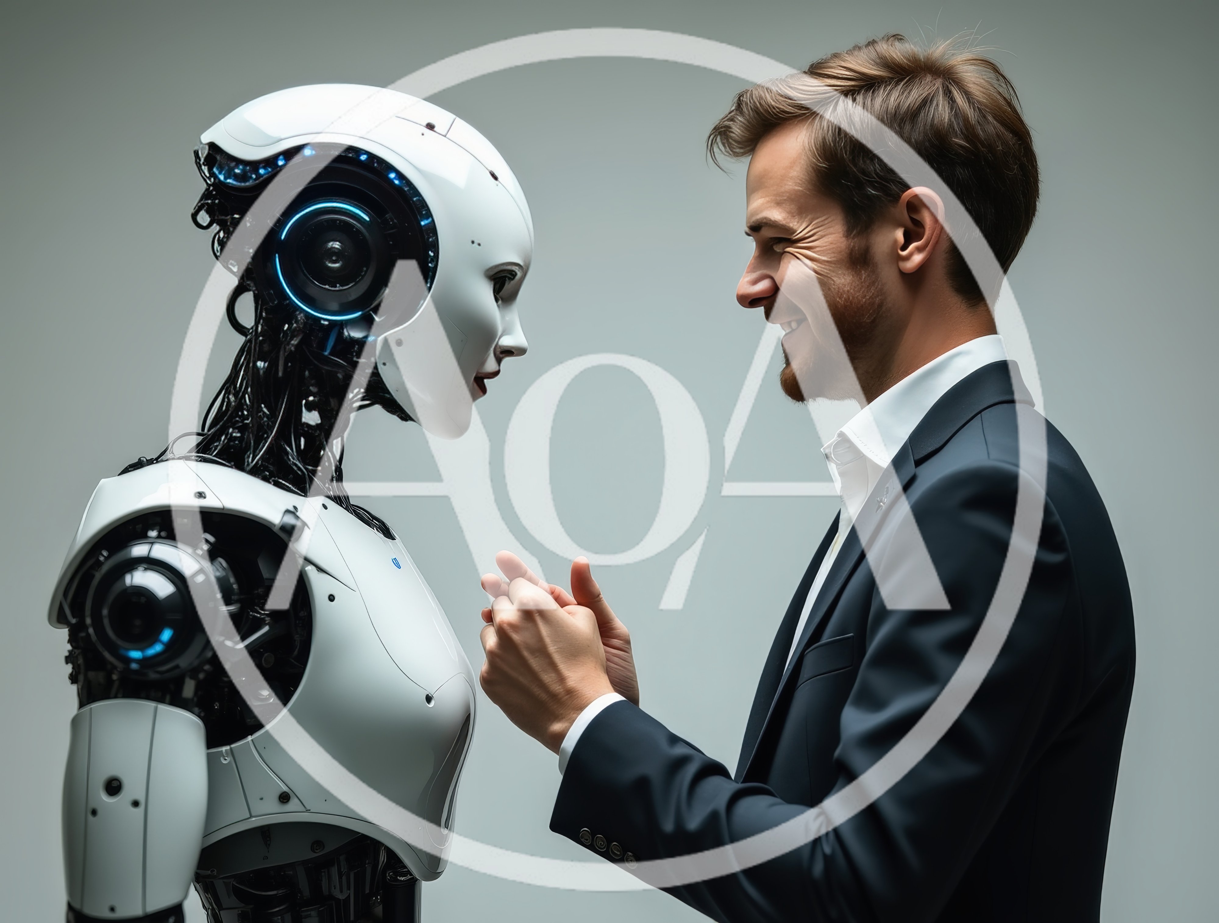 Businessman Interacting With A Futuristic Humanoid Robot