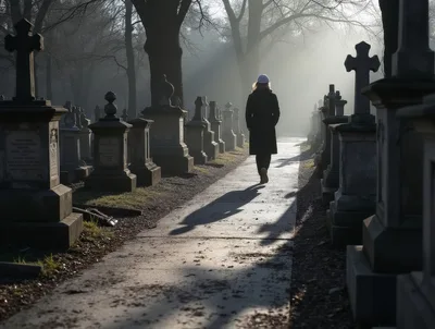 Person Walking Down A Foggy Cemetery Path