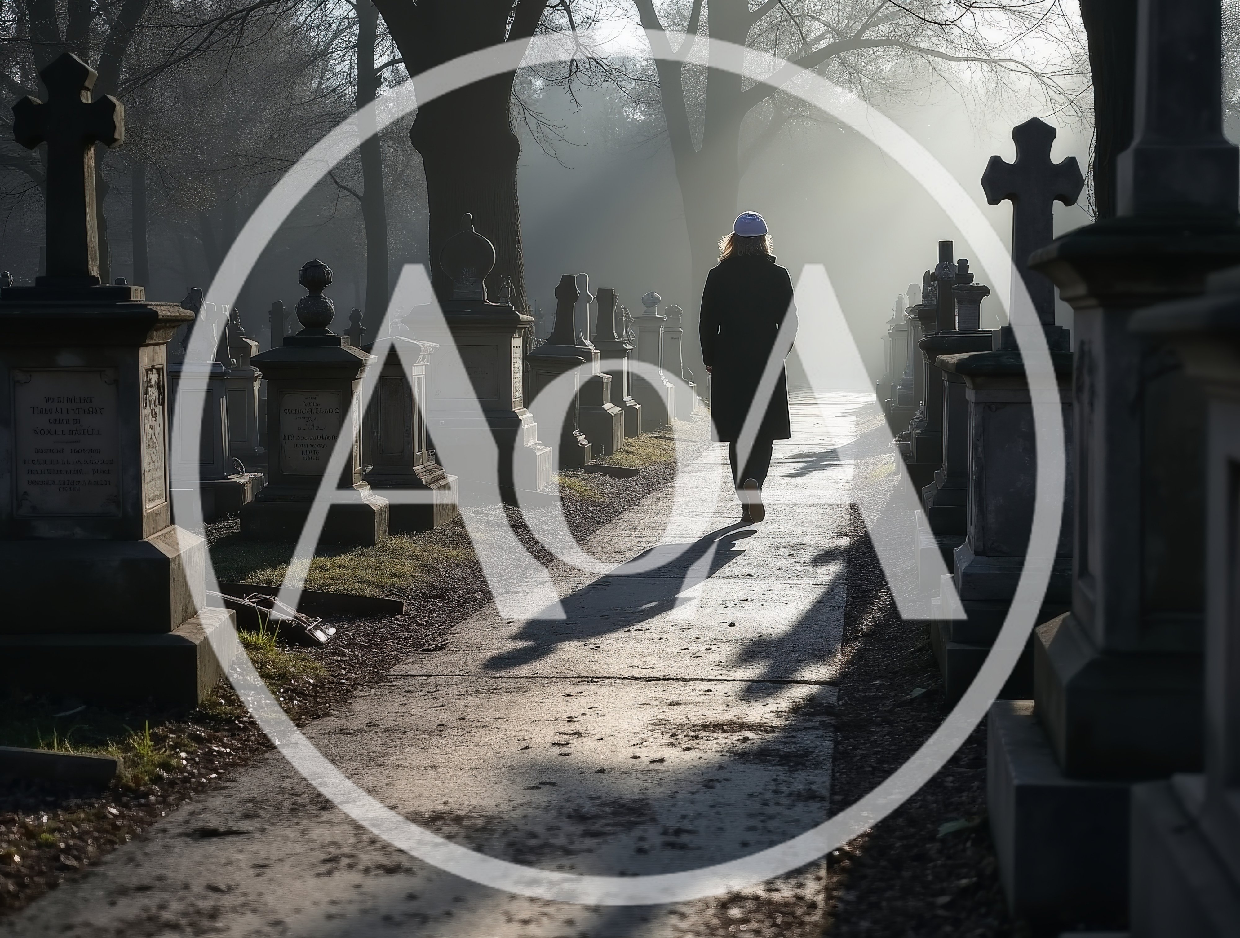 Person Walking Down A Foggy Cemetery Path
