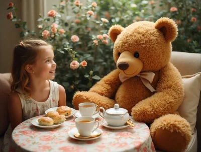 Little Girl Having Tea Party With Giant Teddy Bear