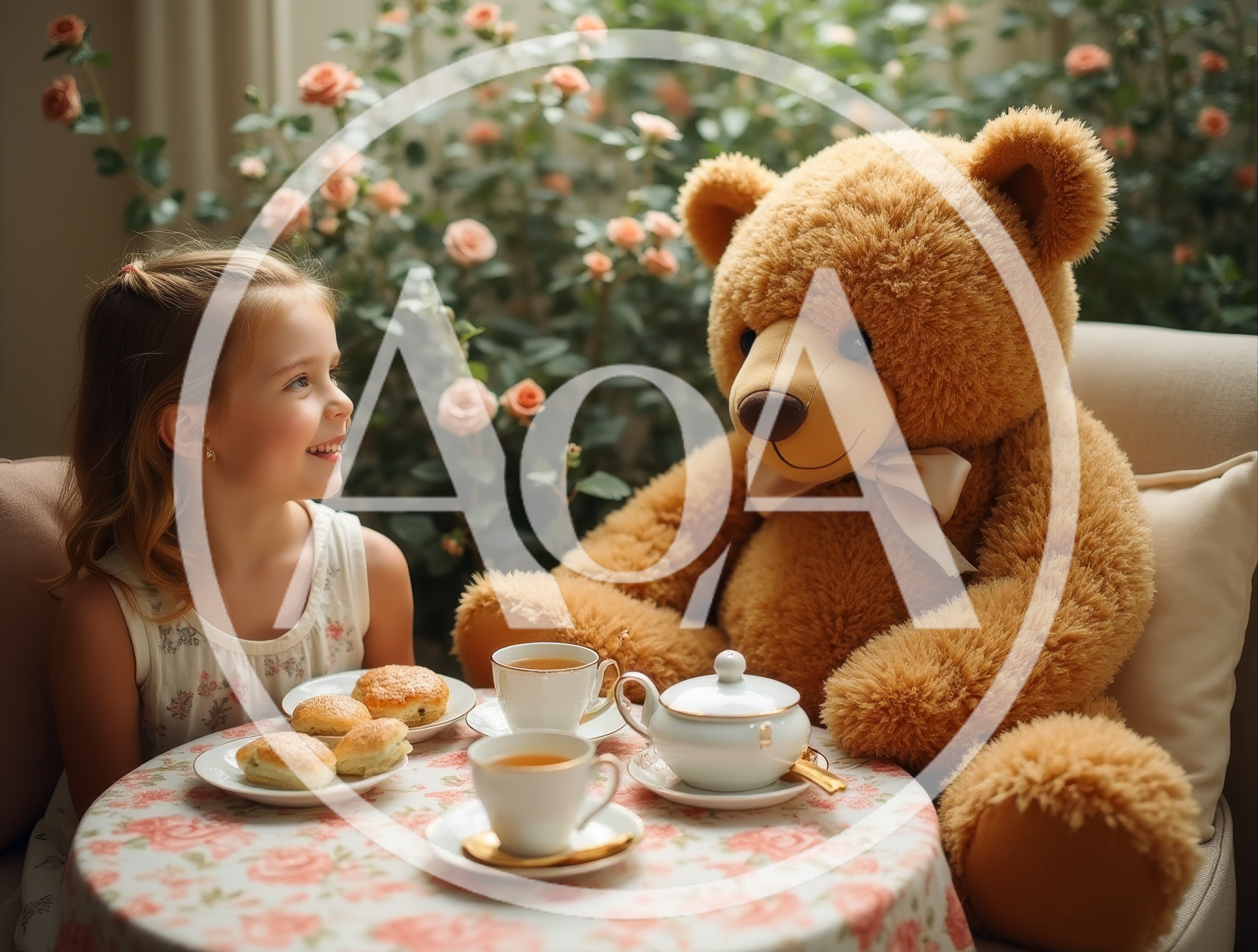 Little Girl Having Tea Party With Giant Teddy Bear