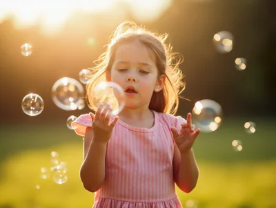 Little Girl Playing With Bubbles In A Sunny Park