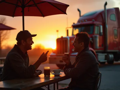 Two Truck Drivers Conversing Over Coffee At Sunset