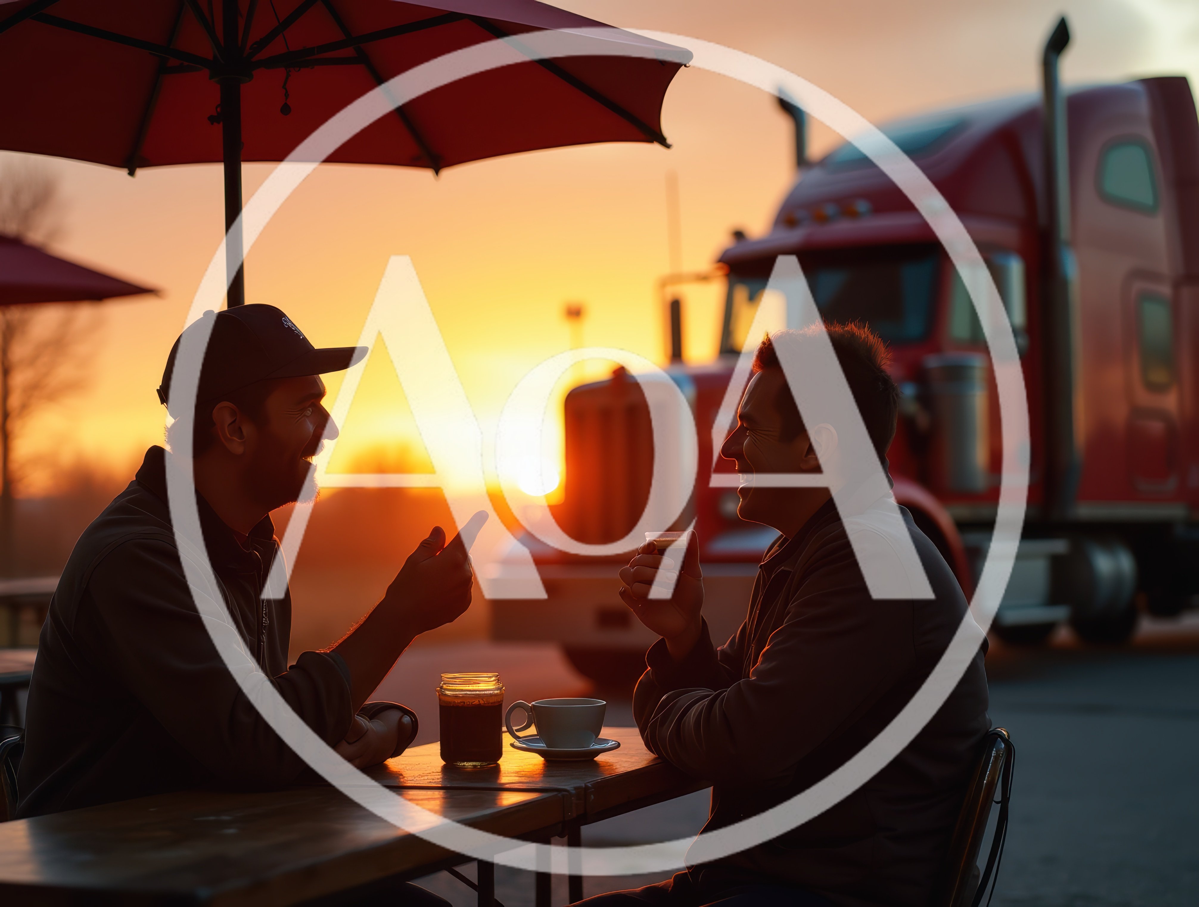 Two Truck Drivers Conversing Over Coffee At Sunset