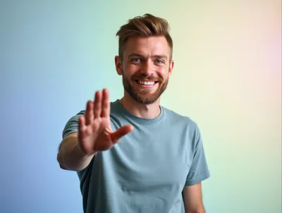 Smiling Man Gesturing Stop With Hand