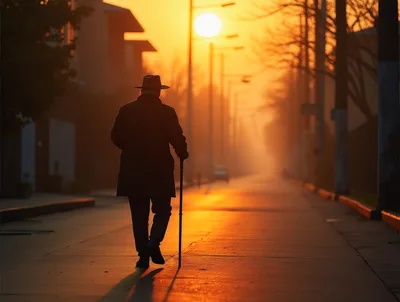 Elderly Man Walking Down A Street At Sunset