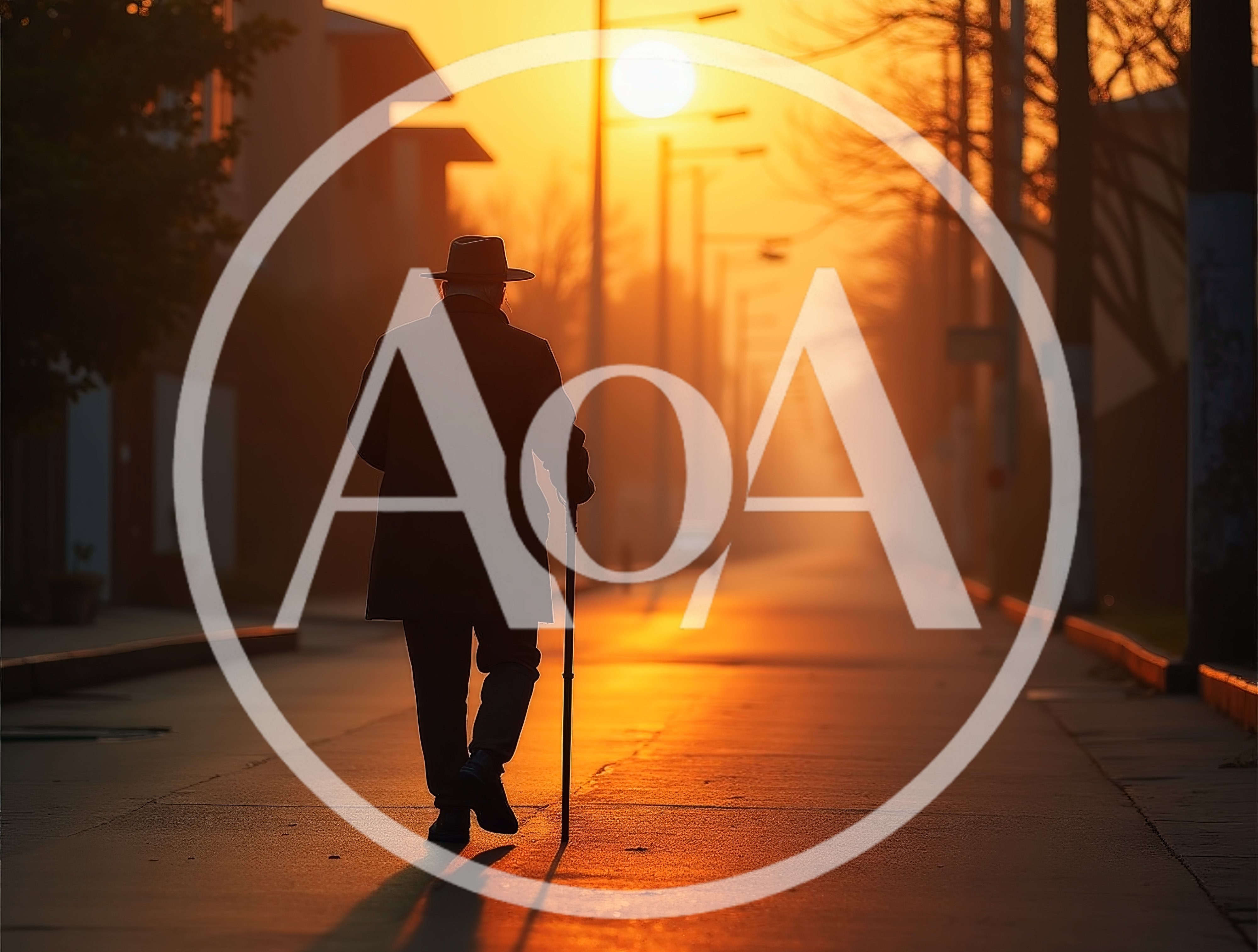 Elderly Man Walking Down A Street At Sunset
