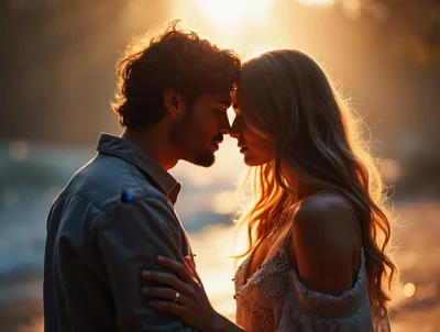 Romantic Couple Embracing During Golden Hour Sunset