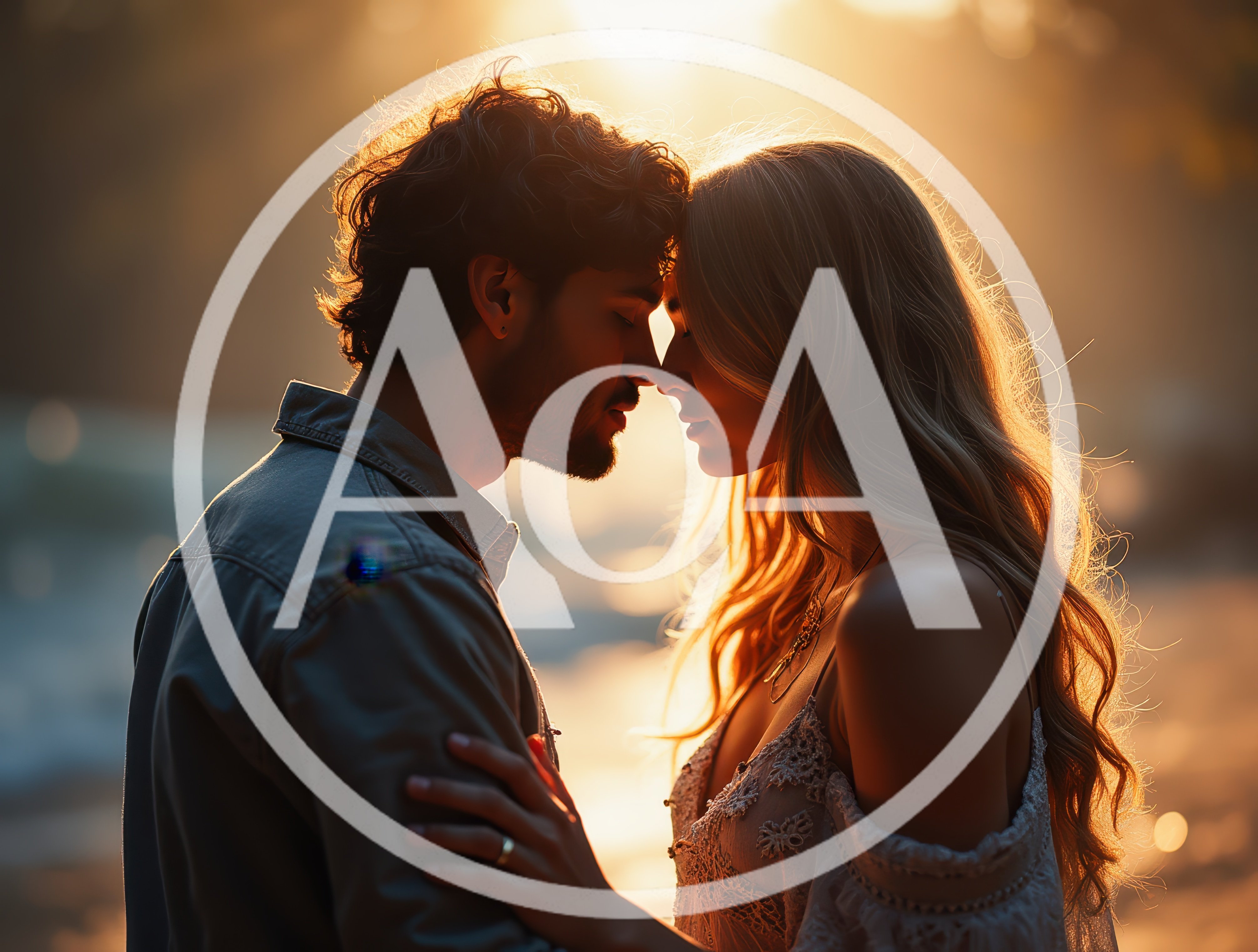 Romantic Couple Embracing During Golden Hour Sunset