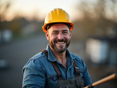Smiling Construction Worker Wearing Hard Hat Outdoors