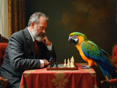 Mature Man Playing Chess Against A Colorful Parrot