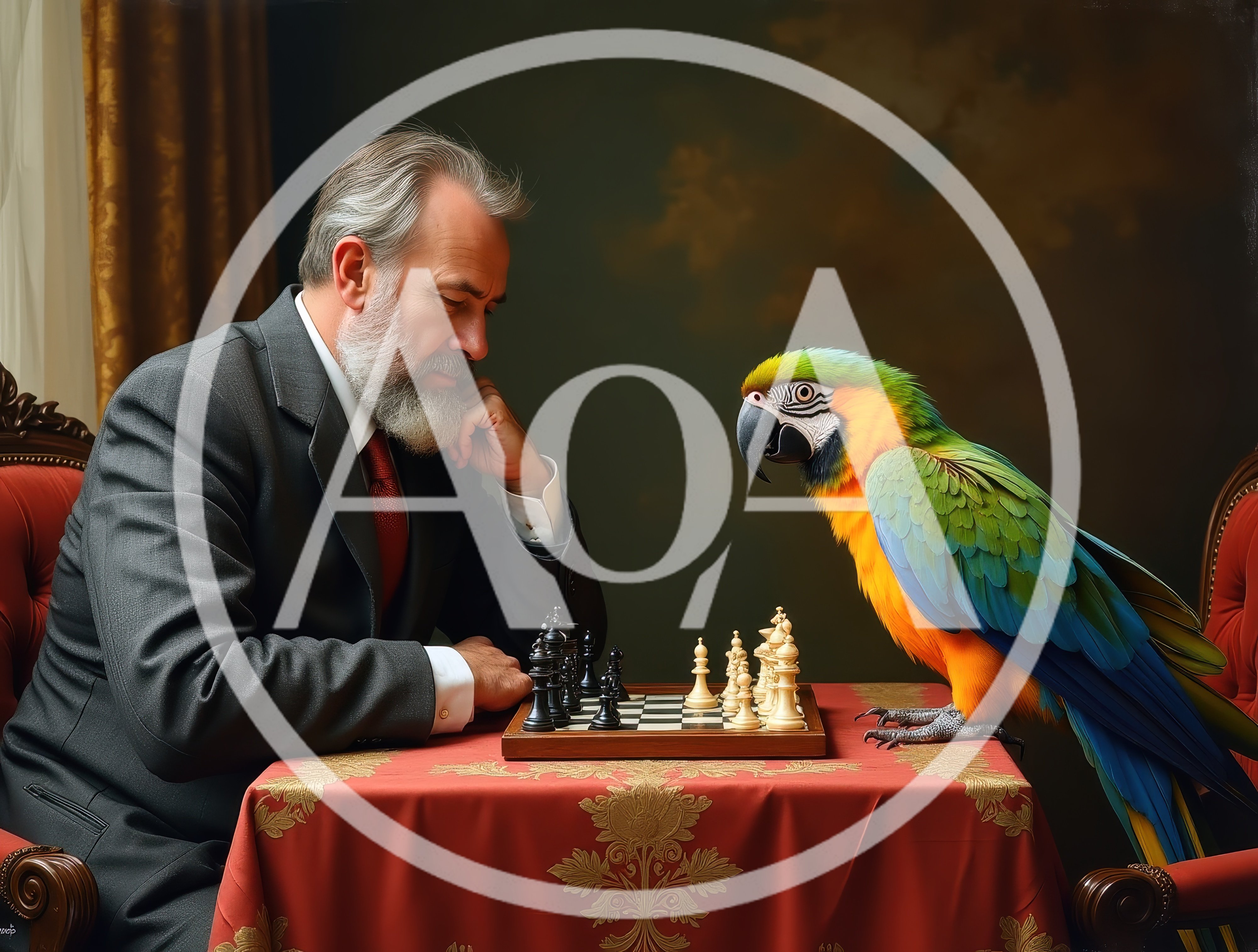 Mature Man Playing Chess Against A Colorful Parrot