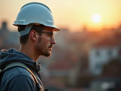 Construction Worker Wearing Hard Hat At Sunset