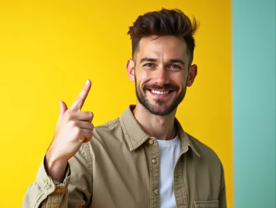 Smiling Young Man Pointing Upwards Against Colorful Background