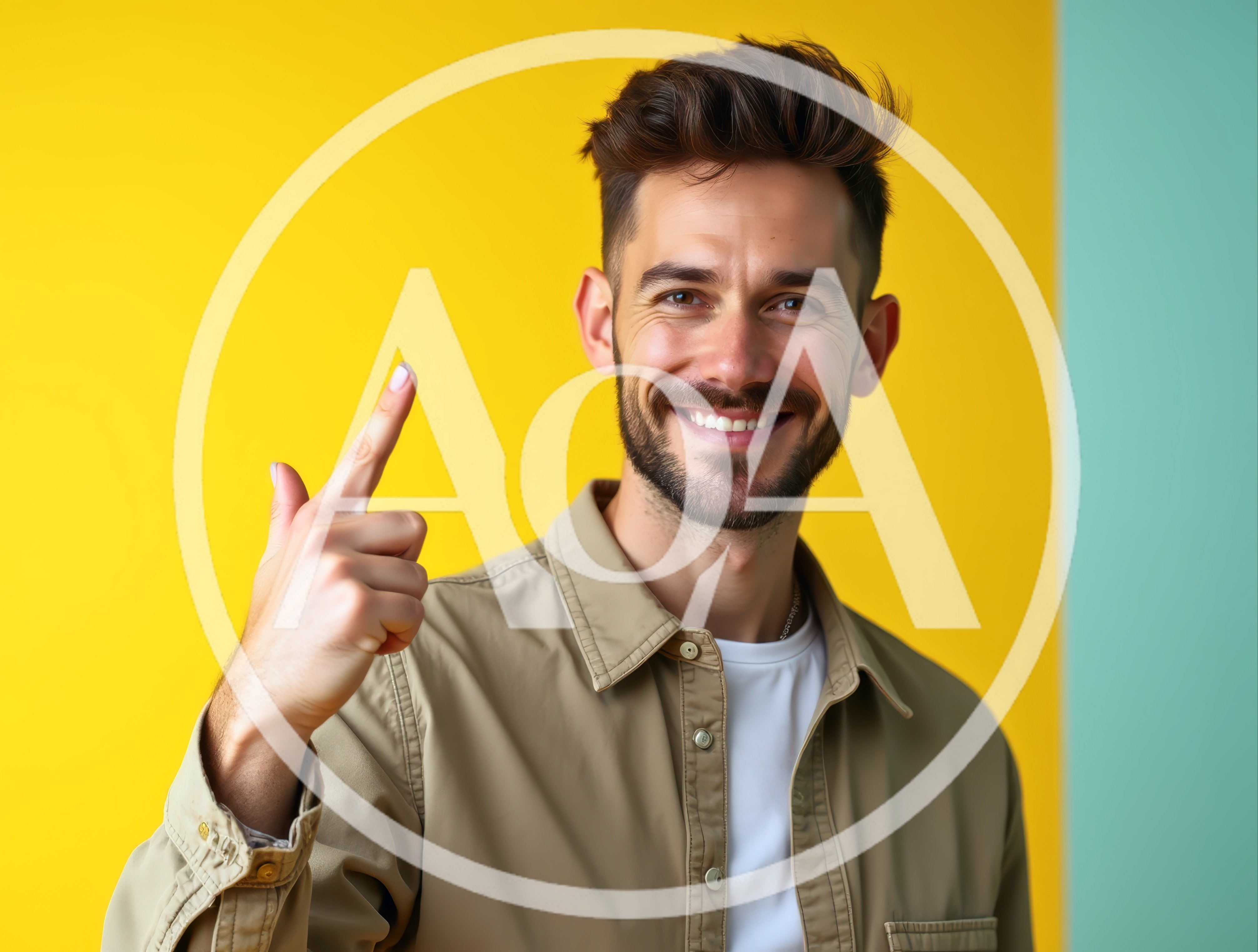 Smiling Young Man Pointing Upwards Against Colorful Background