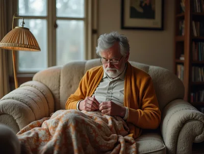 Elderly Man Relaxing In Armchair With Blanket