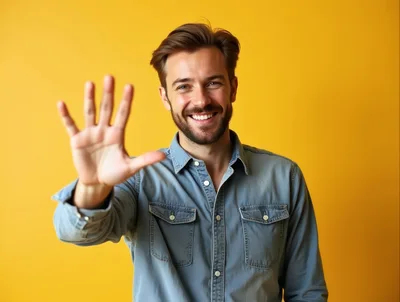 Smiling Man Waving Hand Against Yellow Background