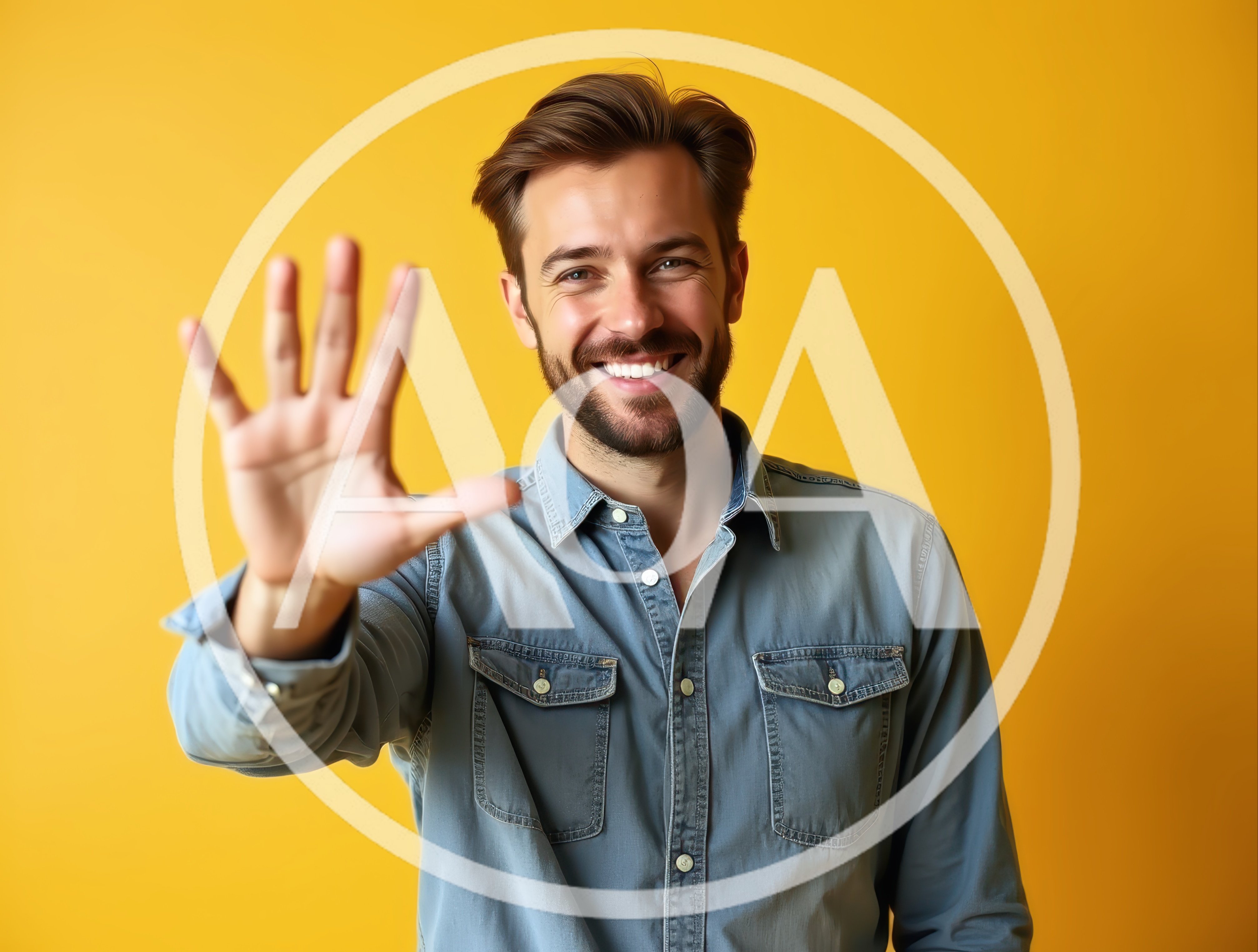 Smiling Man Waving Hand Against Yellow Background