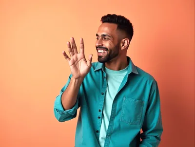 Smiling Man Waving Hello Against Orange Background