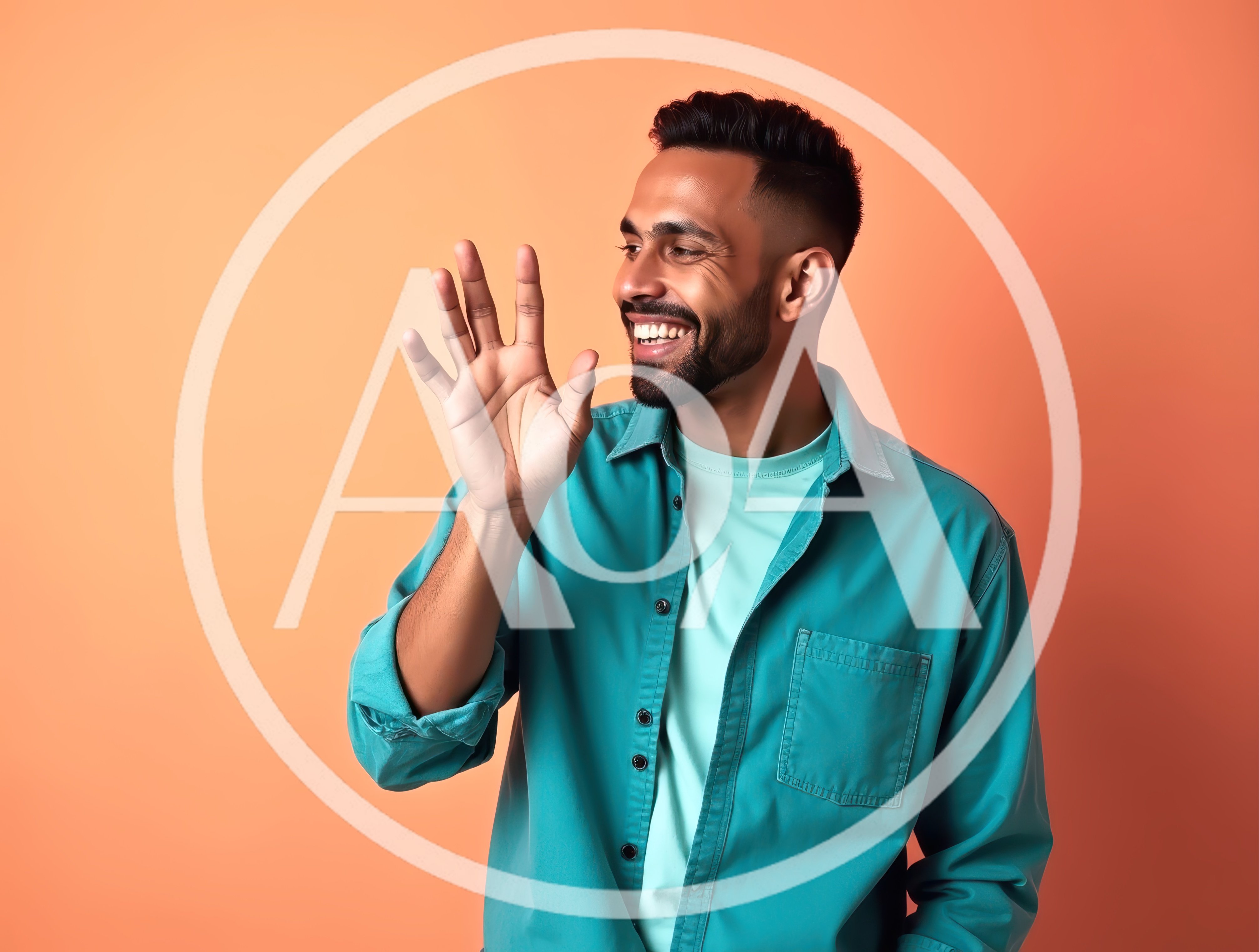 Smiling Man Waving Hello Against Orange Background