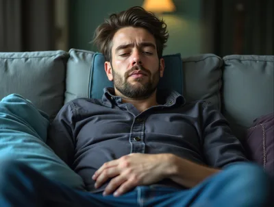 Tired Man Resting On A Sofa
